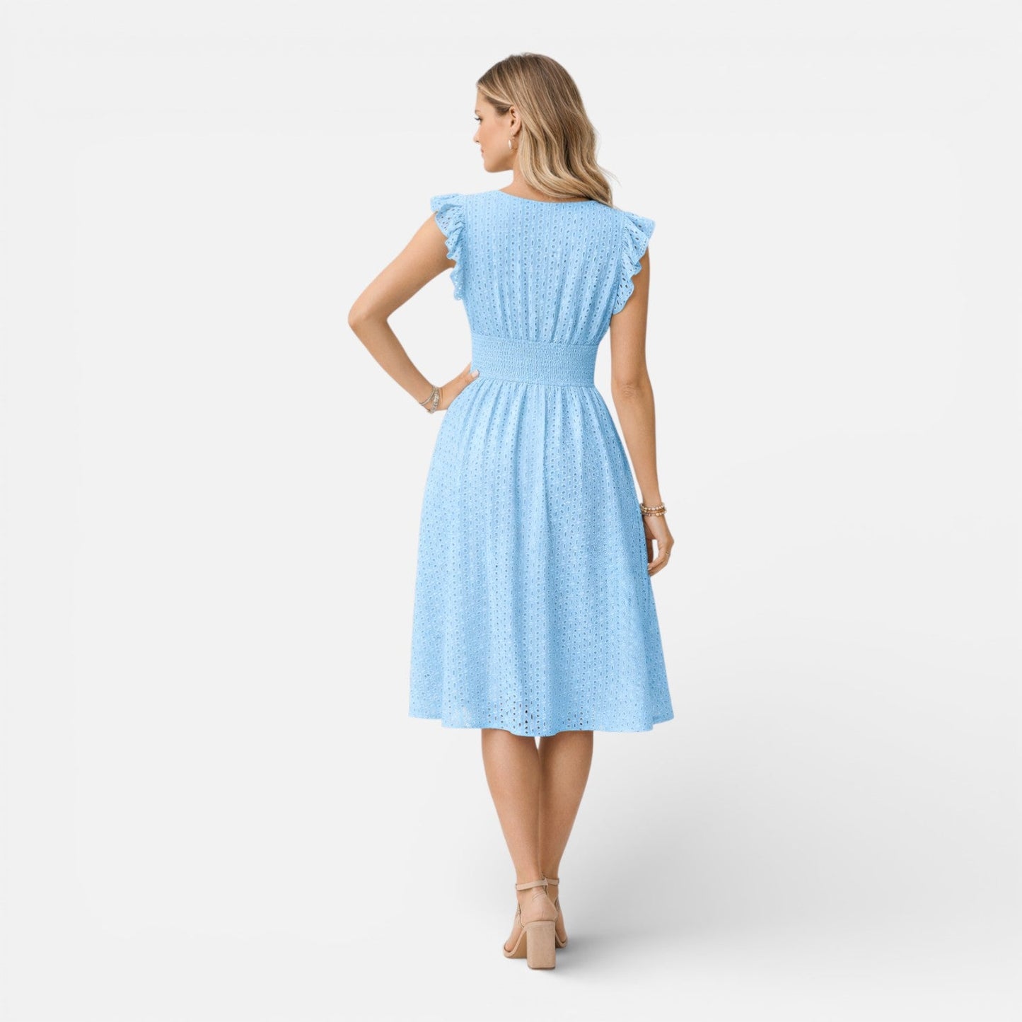 Robe Midi Femme en Dentelle Brodée – Style Élégant Col V Été