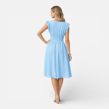 Robe Midi Femme en Dentelle Brodée – Style Élégant Col V Été