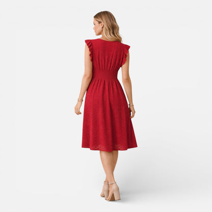 Robe Midi Femme en Dentelle Brodée – Style Élégant Col V Été