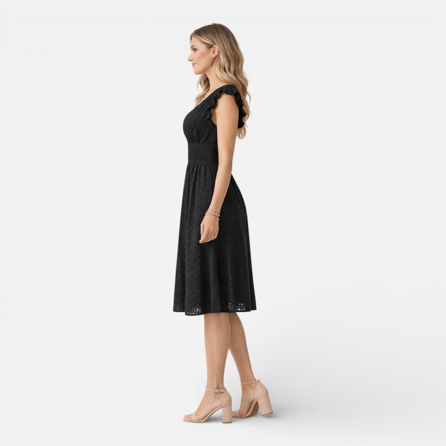 Robe Midi Femme en Dentelle Brodée – Style Élégant Col V Été