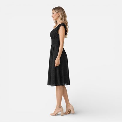 Robe Midi Femme en Dentelle Brodée – Style Élégant Col V Été