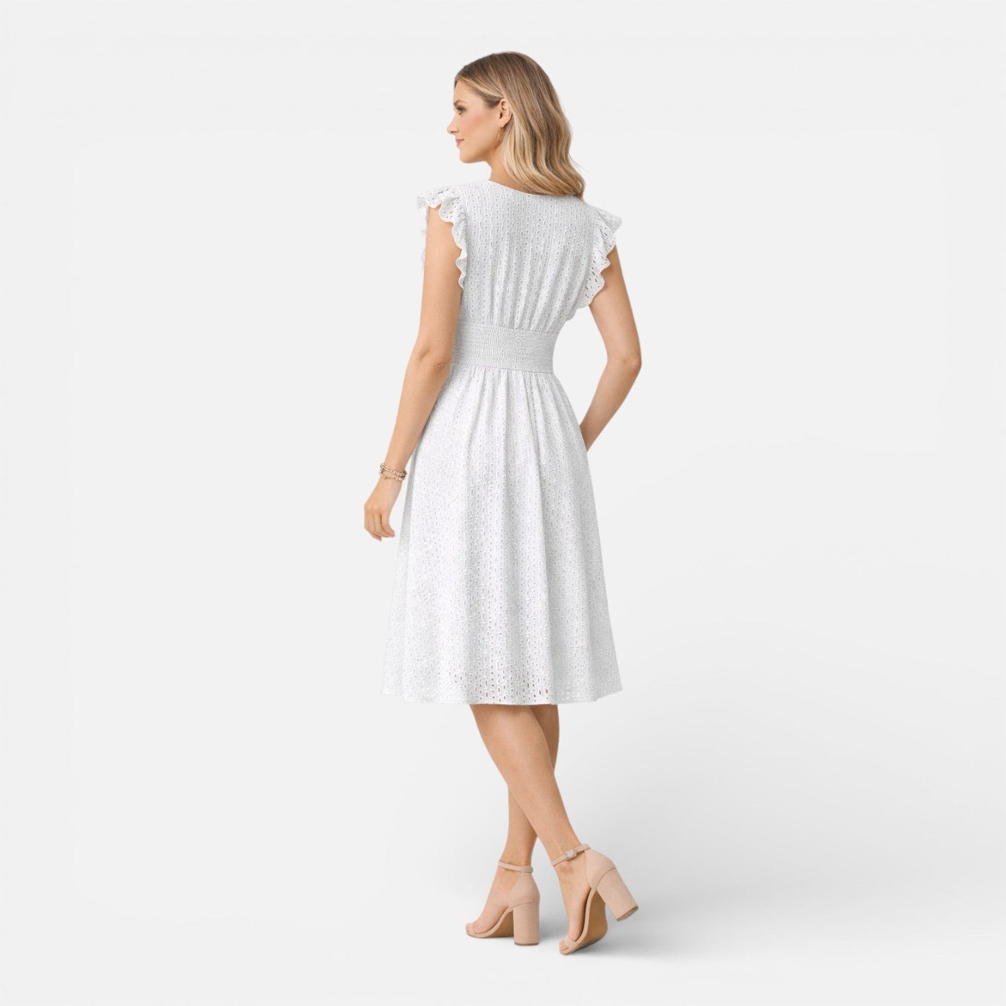 Robe Midi Femme en Dentelle Brodée – Style Élégant Col V Été