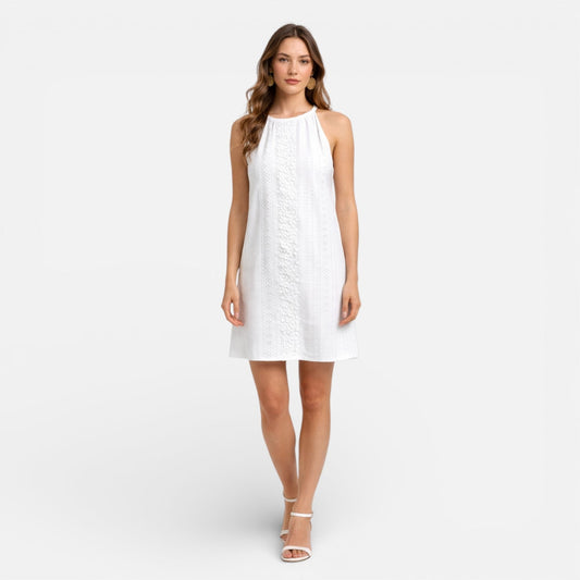 Women's Short White Dress in Broderie Anglaise – Sleeveless Summer Style
