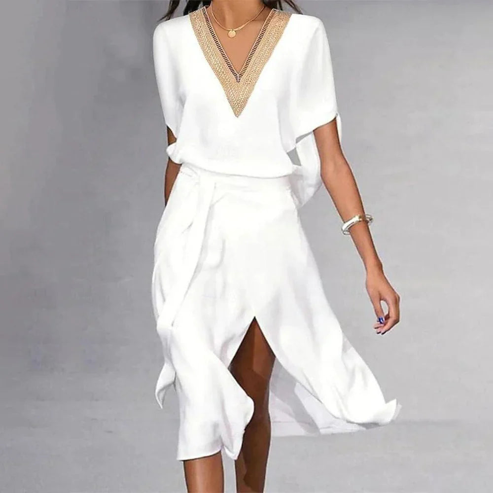 Robe midi blanche moderne à col en V pour femme