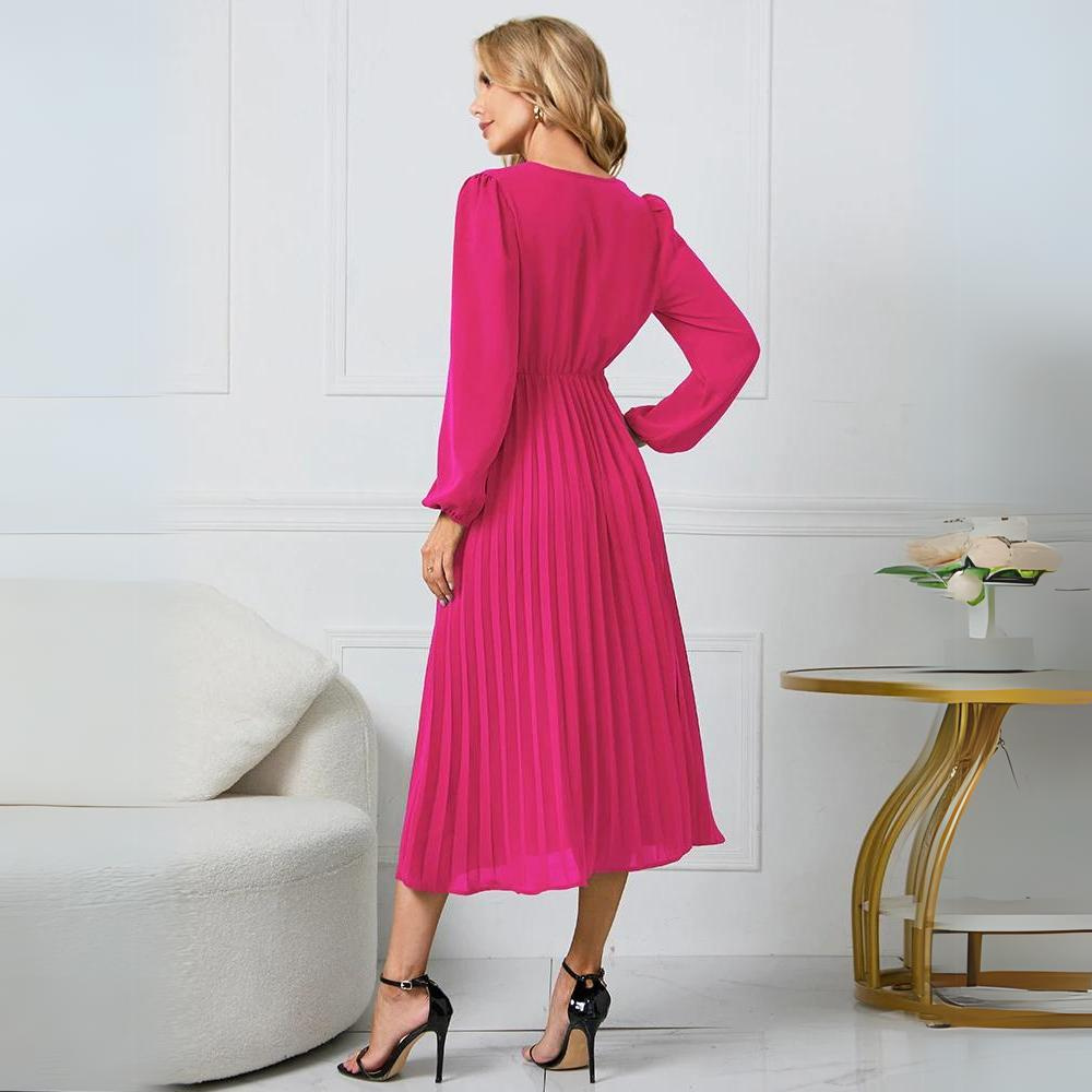 Robe Midi Portefeuille Plissée Femme – Manches Longues Col V Style Élégant