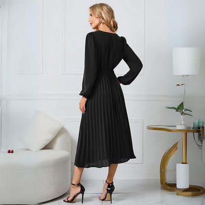 Robe Midi Portefeuille Plissée Femme – Manches Longues Col V Style Élégant
