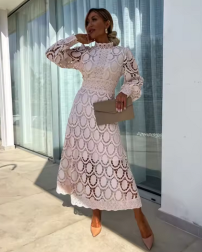 Robe Midi en Dentelle Blanche Élégante Femme – Manches Longues Coupe A-Line