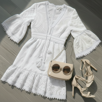 Robe Mini Blanche Brodée Femme – Design Élégant en Dentelle Fine