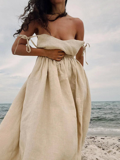 Robe d’Été Élégante en Lin Femme – Coupe Évasée Maxi Sans Manches Dos Nu