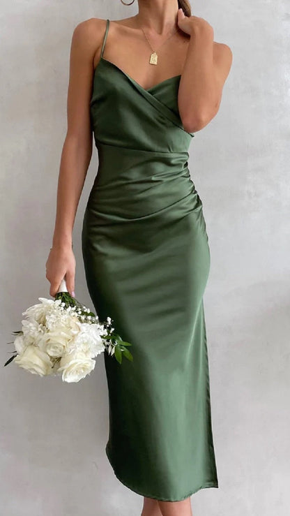 Robe midi satinée élégante sans manches pour femme – Style soirée invitée mariage avec fente