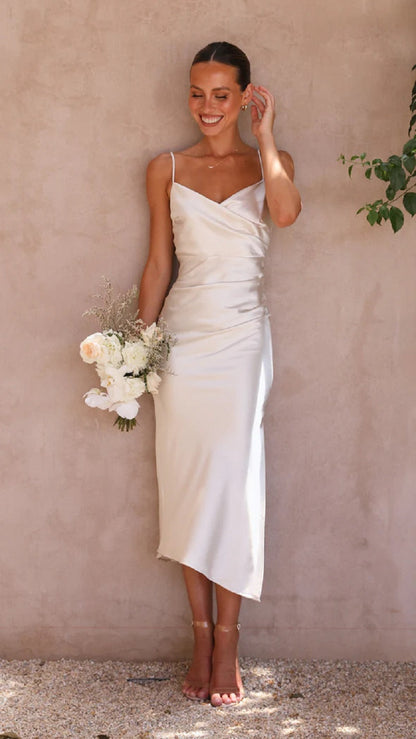 Robe midi satinée élégante sans manches pour femme – Style soirée invitée mariage avec fente