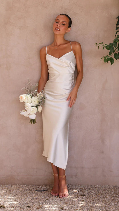 Robe midi satinée élégante sans manches pour femme – Style soirée invitée mariage avec fente