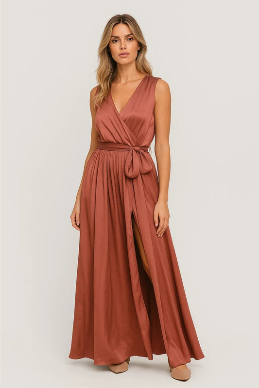 Vestido maxi mujer cruzado con escote en V y abertura - Elegante y favorecedor