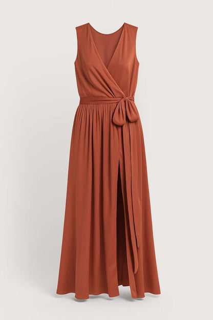 Women's V-neck maxi wrap dress with slit - Elegant and flattering