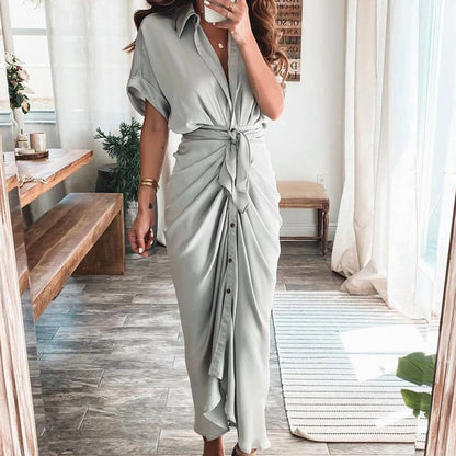 Robe Midi Satinée Femme Boutonnée Col V – Détail Taille Froncée Manches Longues
