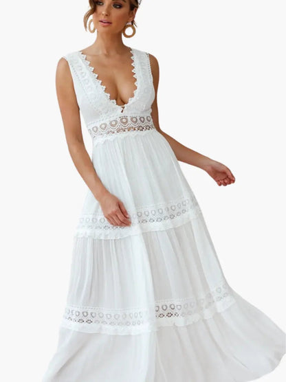 Robe longue blanche bohème pour femme – Empiècements en crochet, décolleté en V profond, coupe fluide, style estival