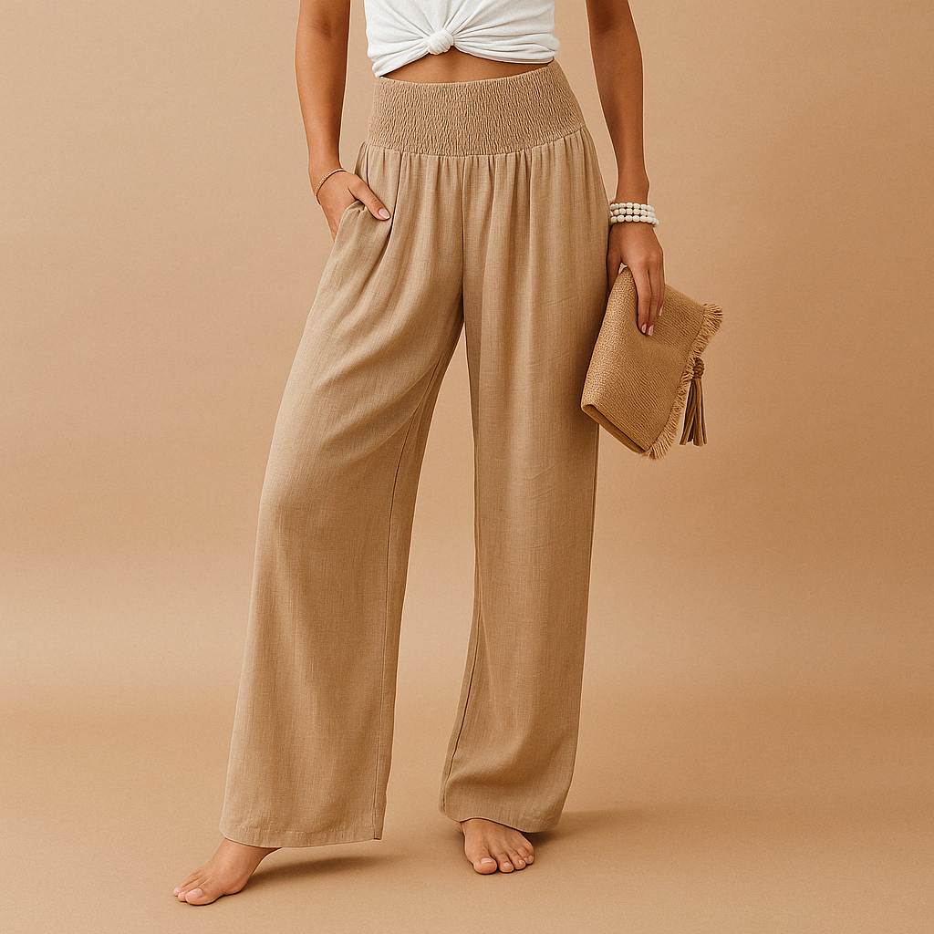 Pantalon en lin élégant taille haute pour femme – Pantalon décontracté élastique