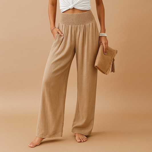 Pantalon en lin élégant taille haute pour femme – Pantalon décontracté élastique