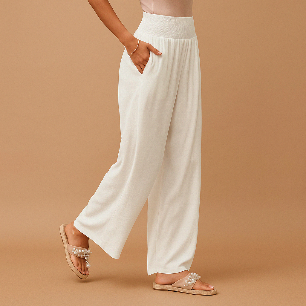 Pantalon en lin élégant taille haute pour femme – Pantalon décontracté élastique