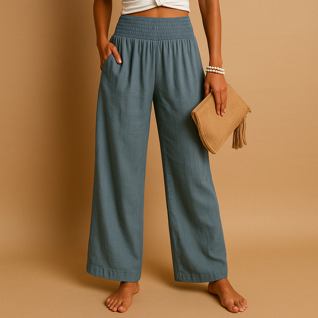 Pantalon en lin élégant taille haute pour femme – Pantalon décontracté élastique