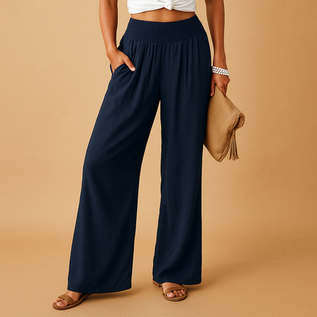 Pantalon en lin élégant taille haute pour femme – Pantalon décontracté élastique