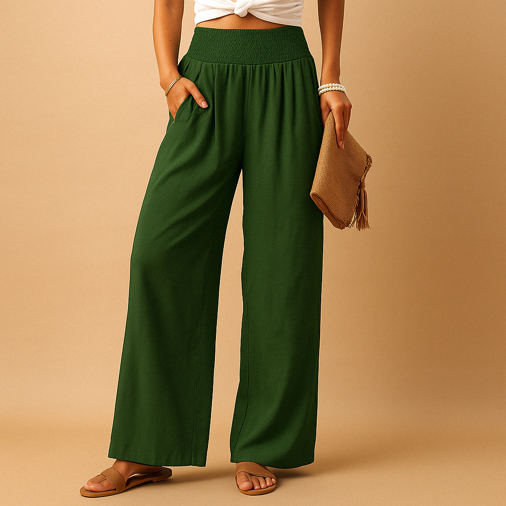 Pantalon en lin élégant taille haute pour femme – Pantalon décontracté élastique