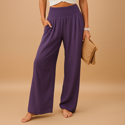 Pantalon en lin élégant taille haute pour femme – Pantalon décontracté élastique