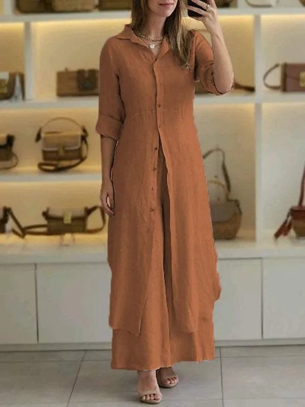 Completo in lino da donna con blusa lunga e pantaloni larghi - Leggero ed elegante