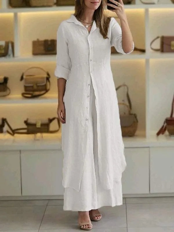 Completo in lino da donna con blusa lunga e pantaloni larghi - Leggero ed elegante