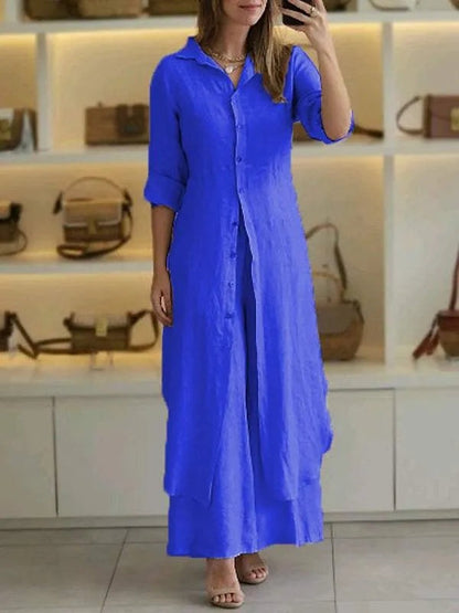 Completo in lino da donna con blusa lunga e pantaloni larghi - Leggero ed elegante