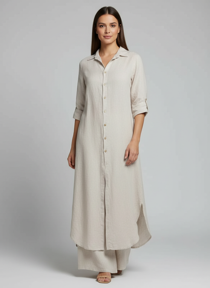 Completo in lino da donna con blusa lunga e pantaloni larghi - Leggero ed elegante