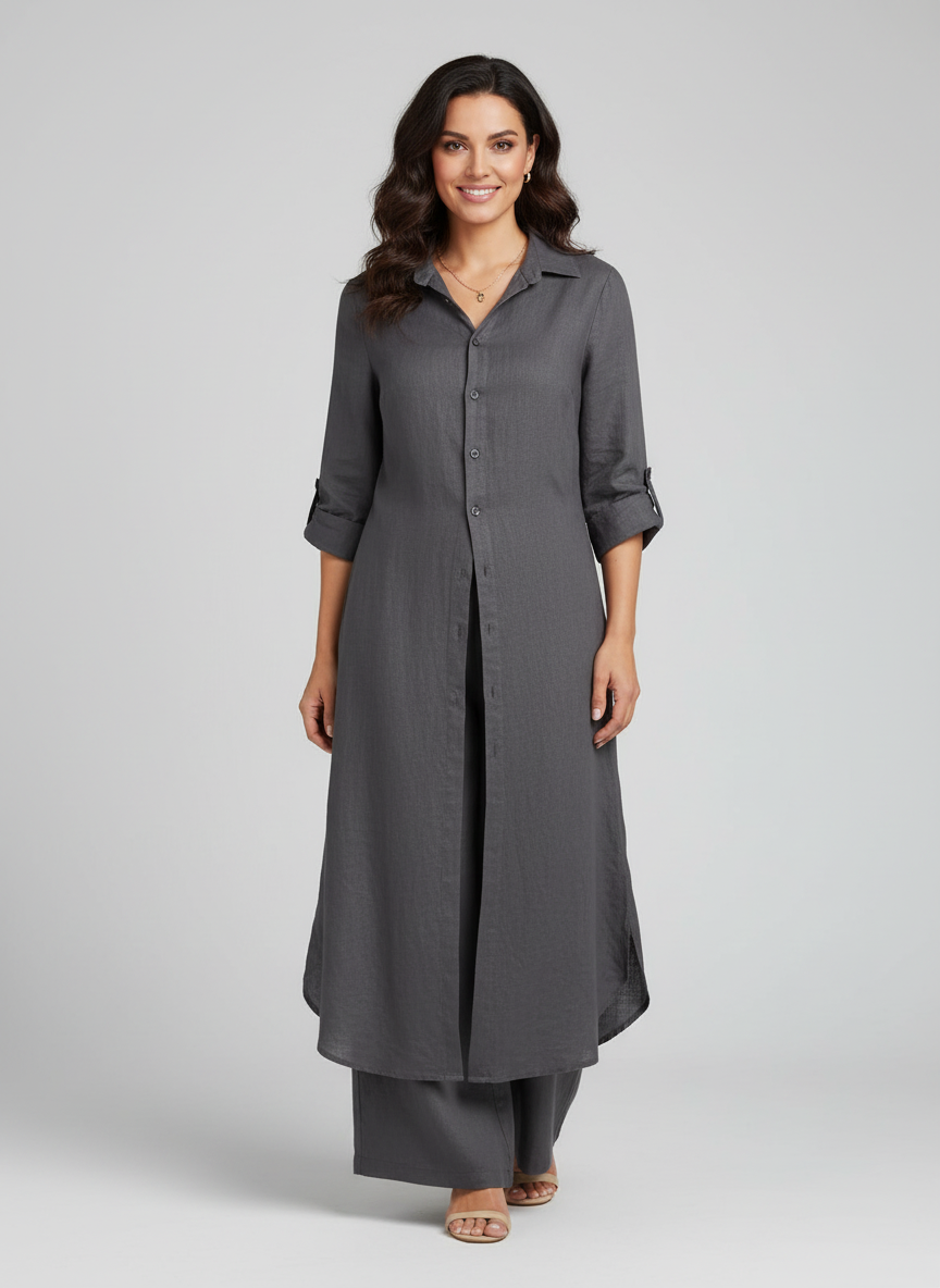 Completo in lino da donna con blusa lunga e pantaloni larghi - Leggero ed elegante