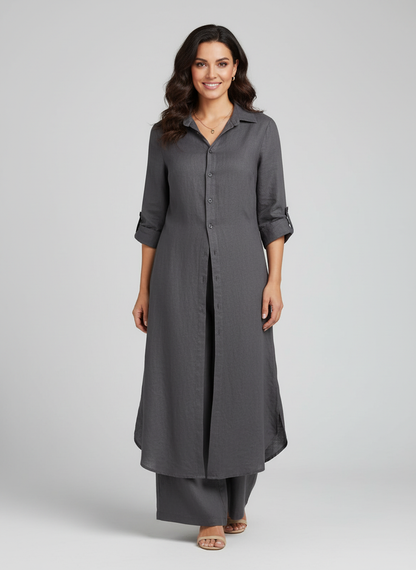 Completo in lino da donna con blusa lunga e pantaloni larghi - Leggero ed elegante