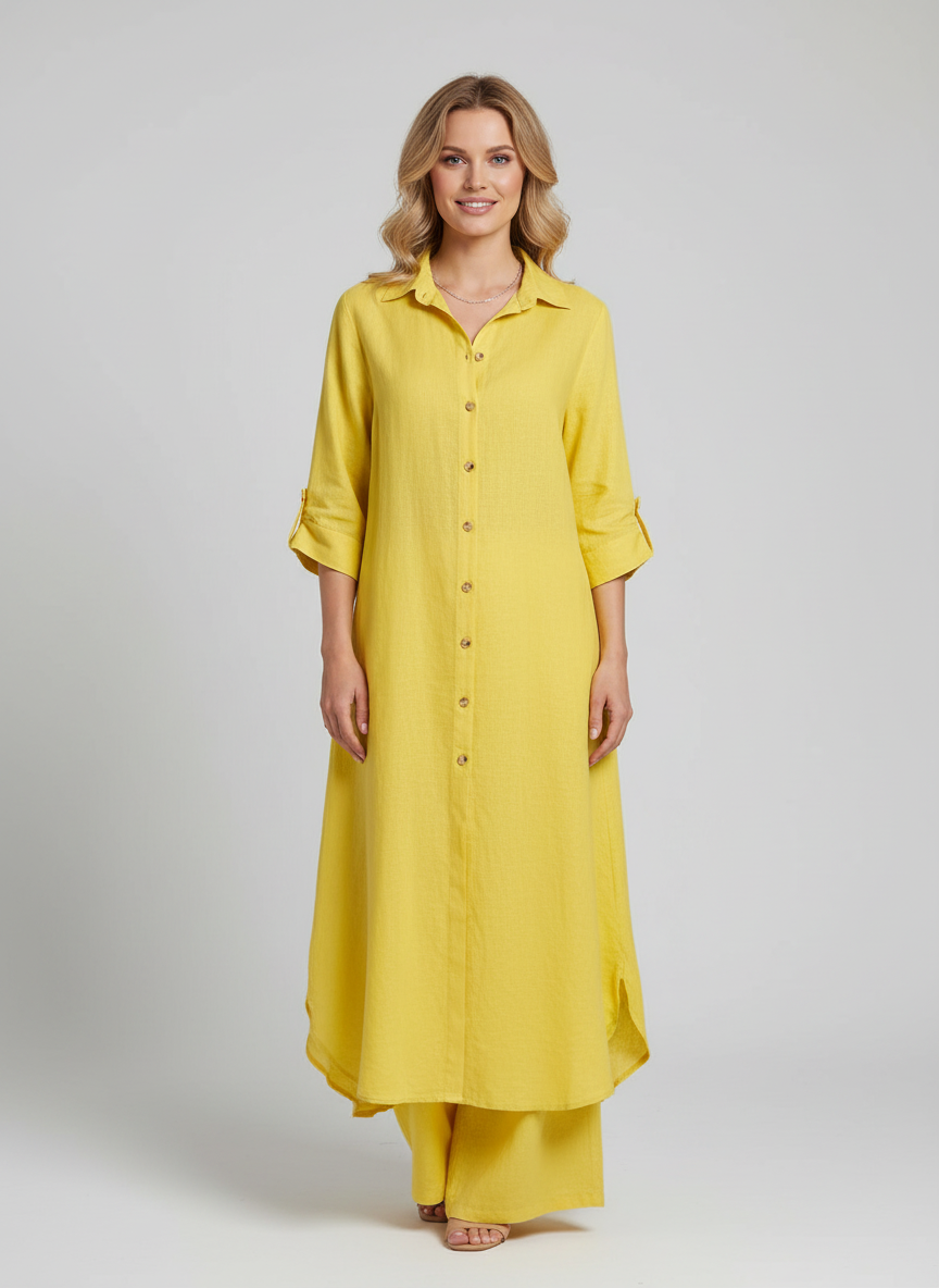 Completo in lino da donna con blusa lunga e pantaloni larghi - Leggero ed elegante