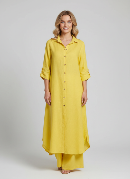 Completo in lino da donna con blusa lunga e pantaloni larghi - Leggero ed elegante