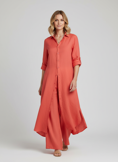 Completo in lino da donna con blusa lunga e pantaloni larghi - Leggero ed elegante