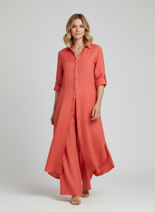 Women's linen set with long blouse and wide pants - Light and elegant