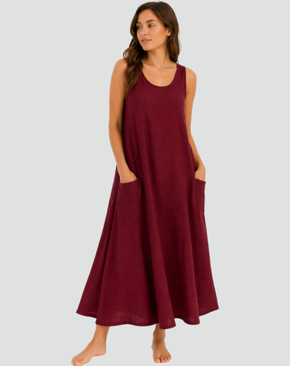 Women's Linen Maxi Dress with Pockets - Loose and Breathable