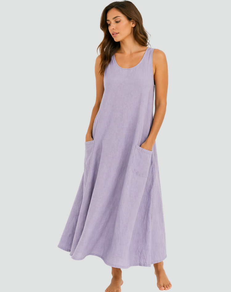 Women's Linen Maxi Dress with Pockets - Loose and Breathable
