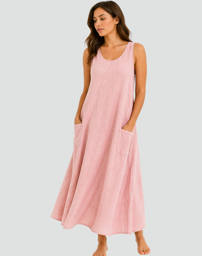 Women's Linen Maxi Dress with Pockets - Loose and Breathable