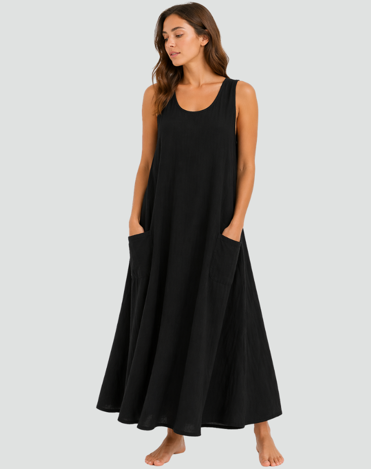 Women's Linen Maxi Dress with Pockets - Loose and Breathable