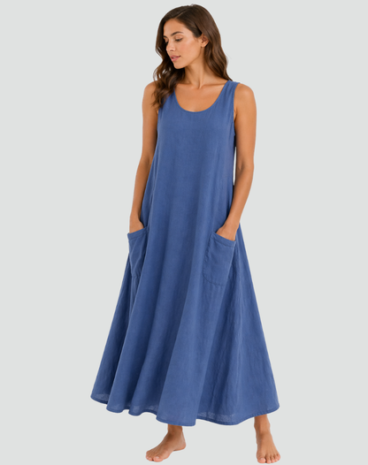 Women's Linen Maxi Dress with Pockets - Loose and Breathable