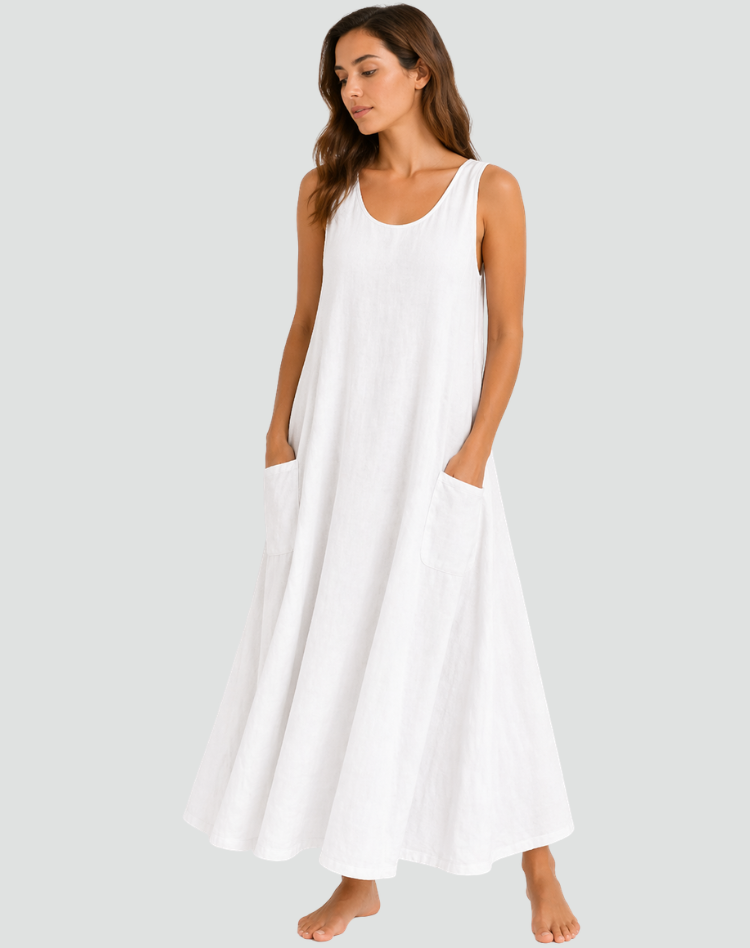 Women's Linen Maxi Dress with Pockets - Loose and Breathable
