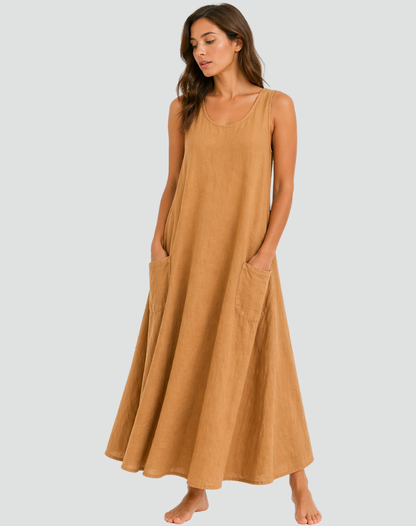 Women's Linen Maxi Dress with Pockets - Loose and Breathable