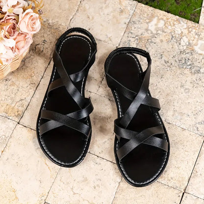 Sandales plates dorées à brides croisées pour femmes – Style décontracté, élégant et confortable pour l'été