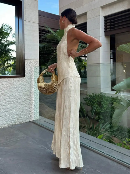 Ensemble plissé Golden Serenity pour femme – Élégant ensemble fluide deux pièces style soirée