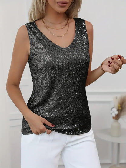 Top à paillettes à col en V pour femme – Style élégant et scintillant pour les soirées.