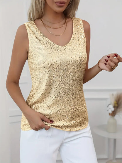 Top à paillettes à col en V pour femme – Style élégant et scintillant pour les soirées.
