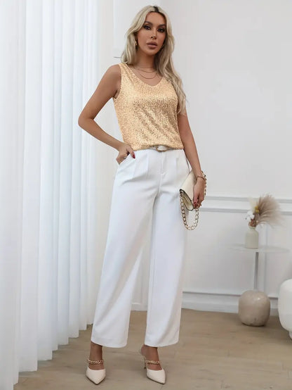 Top à paillettes à col en V pour femme – Style élégant et scintillant pour les soirées.