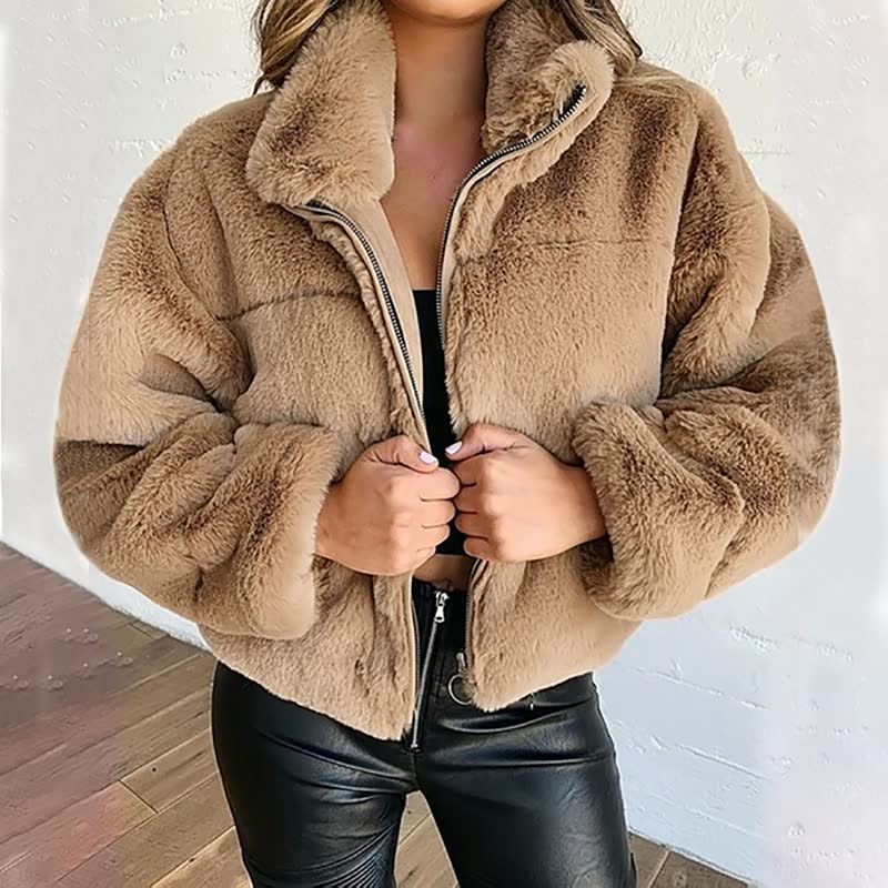 Veste Teddy Douce et Confortable pour Femme – Manteau Court Zippé à Col Haut